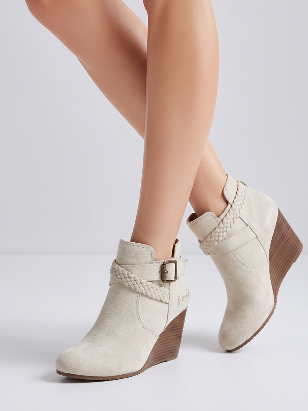 Women's Suede Braided Strap Ankle Boots - Cream